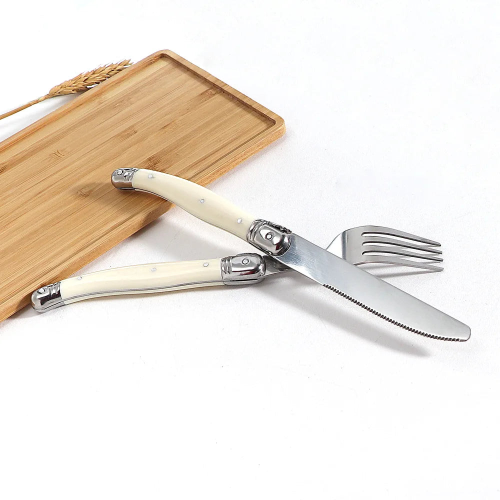 Stainless steel knife, fork, spoon set, milky white plastic handle, steak knife, steak fork spoon, steak tableware for home use