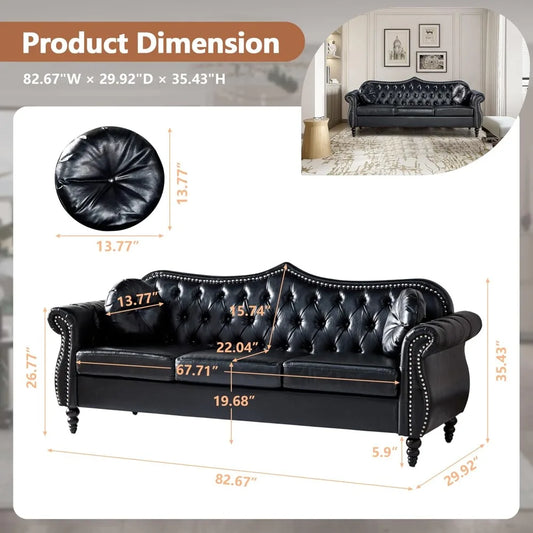 Chesterfield Three Seater Sofa, Mid-Century Modern Faux Leather 3-Seater Upholstered Couch, Tufted Living Room Sofa with 2 Pillo