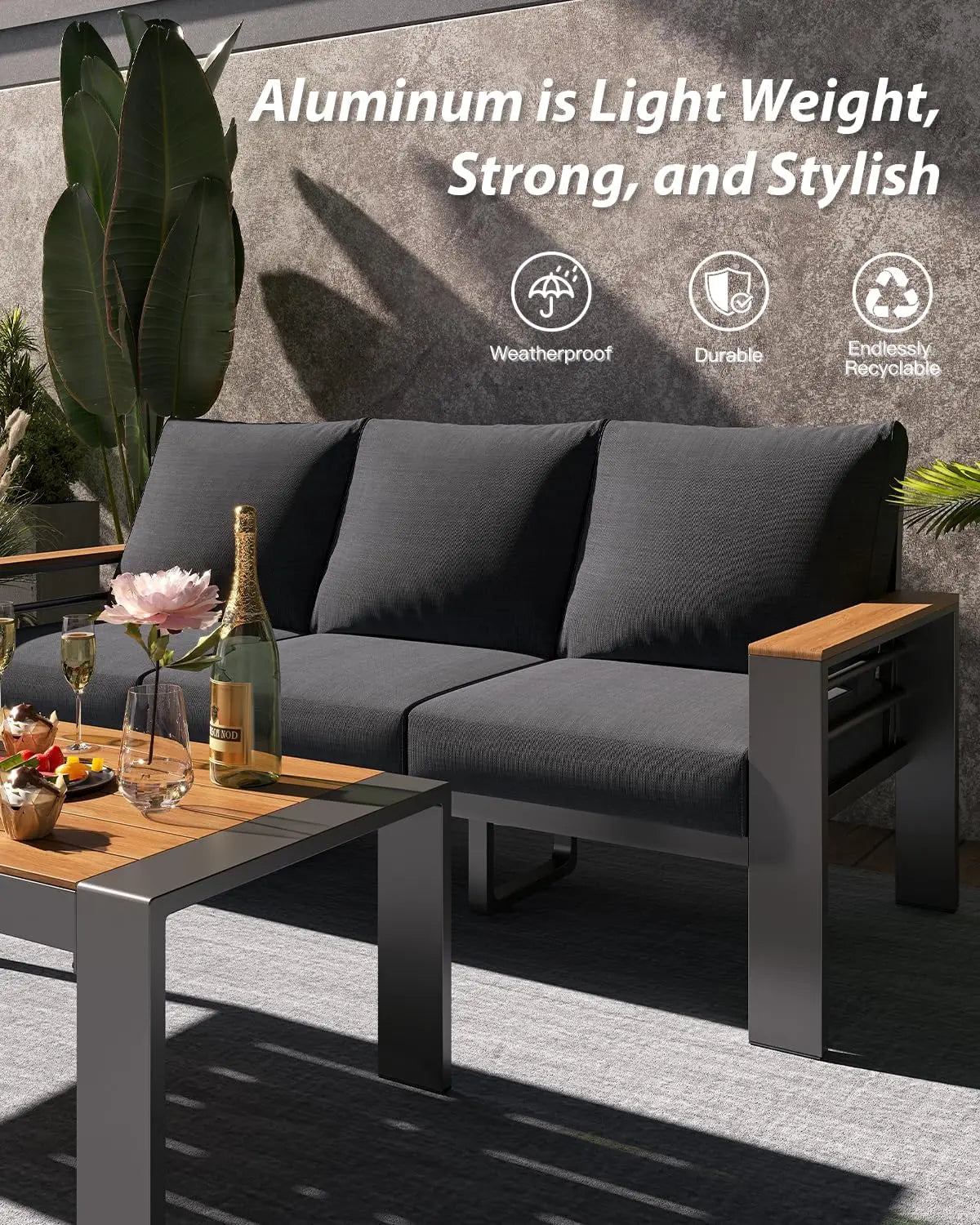 Aluminum Outdoor Patio Furniture Set, 5 Seats Outdoor Sectional with Coffee Table, Patio Conversation Sets with Upgraded Armres