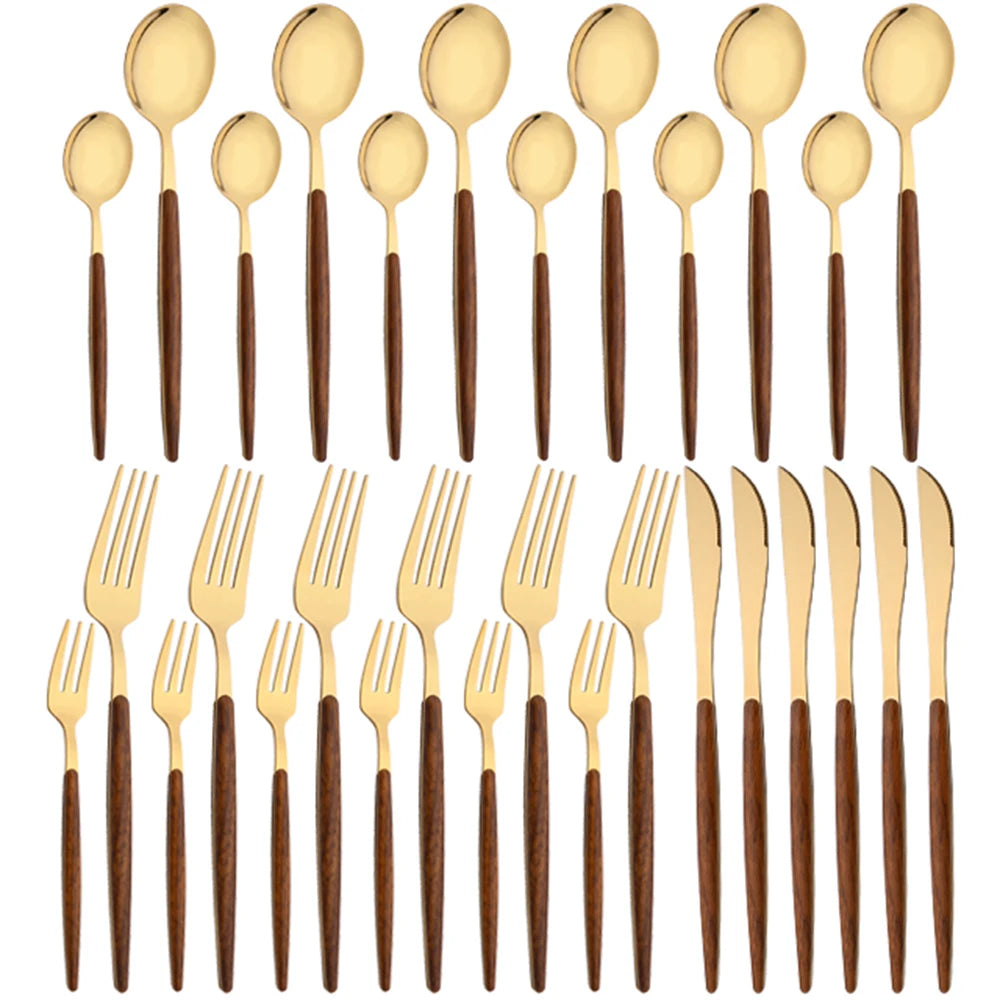 16/24/36Pcs Dinnerware Set Stainless Steel Imitation Wooden Handle Clamp Western Knife Fork Spoon Cutlery Tableware Silverware
