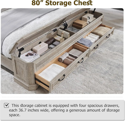 Farmhouse King Bed with Headboard and Storage Bench, Rustic Wood Platform Bed with 80" Storage Chest, Customized