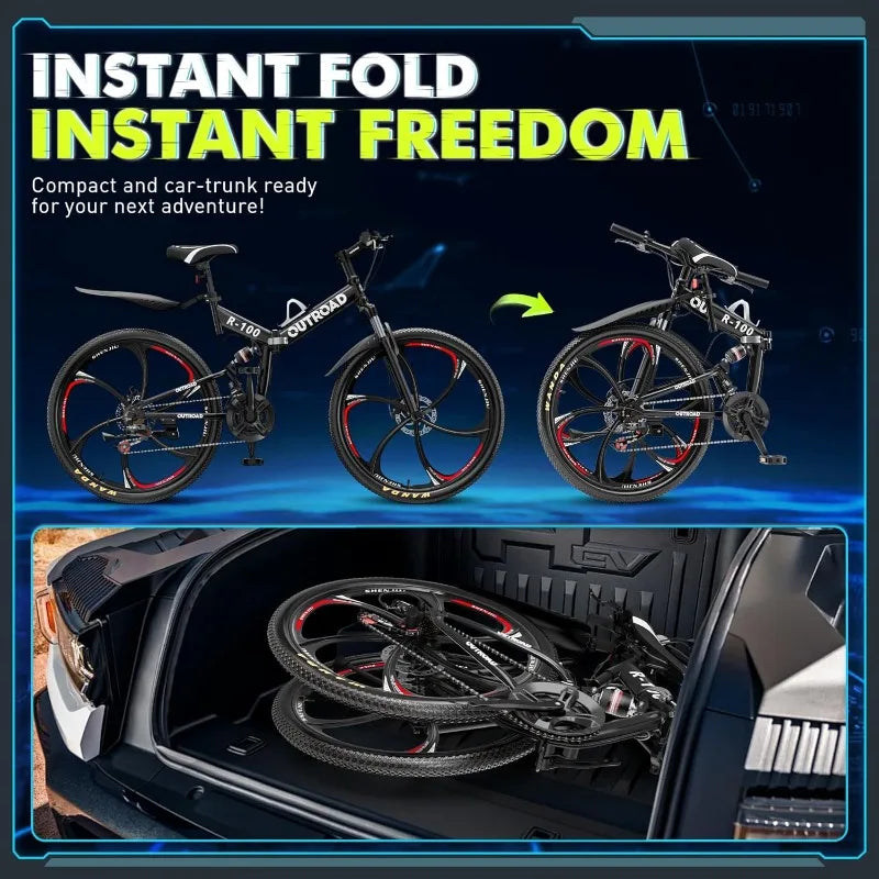 26 Inch Folding Mountain Bike, 21 Speed Full Suspension Bicycle with High-Carbon Steel, Dual Disc Brake Non-Slip Quick