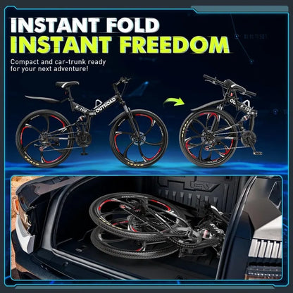 26 Inch Folding Mountain Bike, 21 Speed Full Suspension Bicycle with High-Carbon Steel, Dual Disc Brake Non-Slip Quick