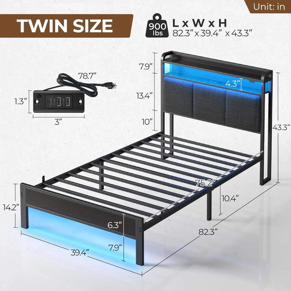 Rolanstar Bed Frame Twin Size with Charging Station and LED Lights, Upholstered Headboard with Storage Shelves, Heavy Duty Metal