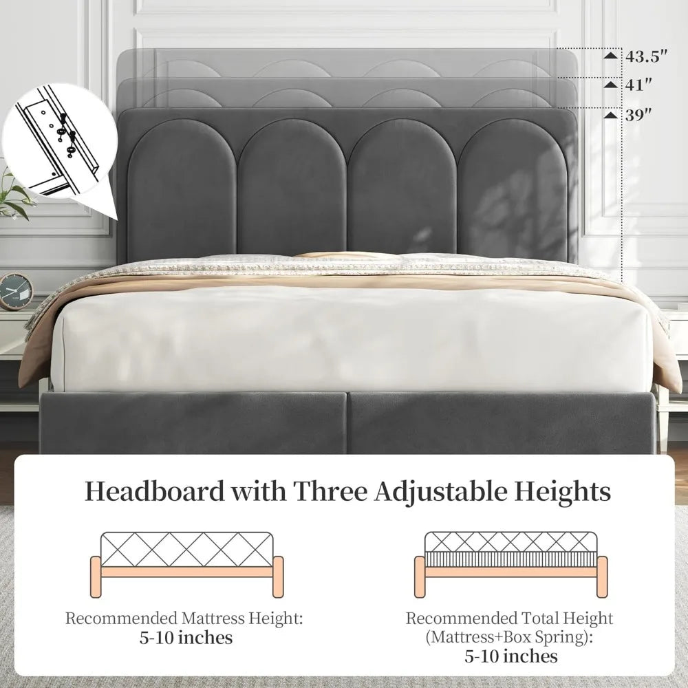 Yaheetech Queen Bed Frame Upholstered Platform Bed with 4 Drawers Storage and Adjustable Headboard,Arch Channel Tufted Headboard