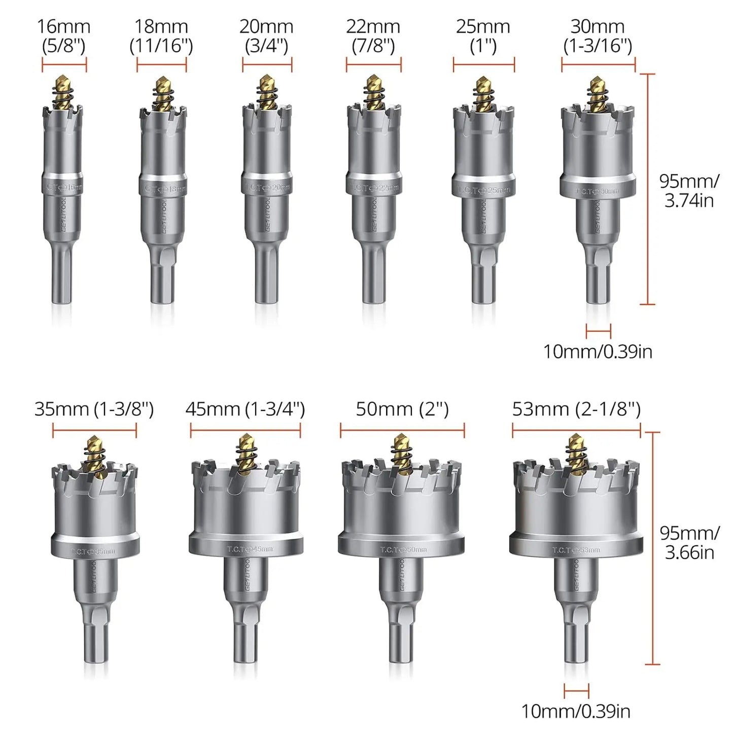10Pcs TCT Hole Saw Set 16-53mm, Carbide for Metal/Plastic/Iron, w/Drill & Wrench