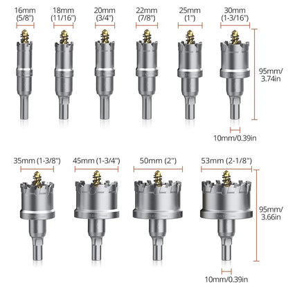 10Pcs TCT Hole Saw Set 16-53mm, Carbide for Metal/Plastic/Iron, w/Drill & Wrench