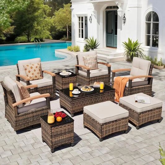 9 Pieces Outdoor Patio Furniture Sets,PE Wicker Patio Conversation Sets with 4 Wood Armrests Swivel Rocker Chairs，