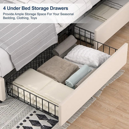 Queen Size Platform Bed Frame with Charging Stations & 4 Storage Drawers, Upholstered Adjustable Headboard, Wooden Slats Support