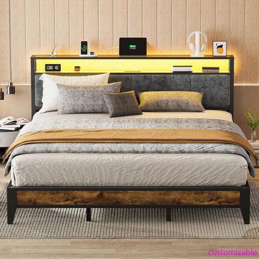 King Bed Frame with Headboard, Metal Platform Bed King Size with 2-Tier Storage, LED Light & Charging Station Type C