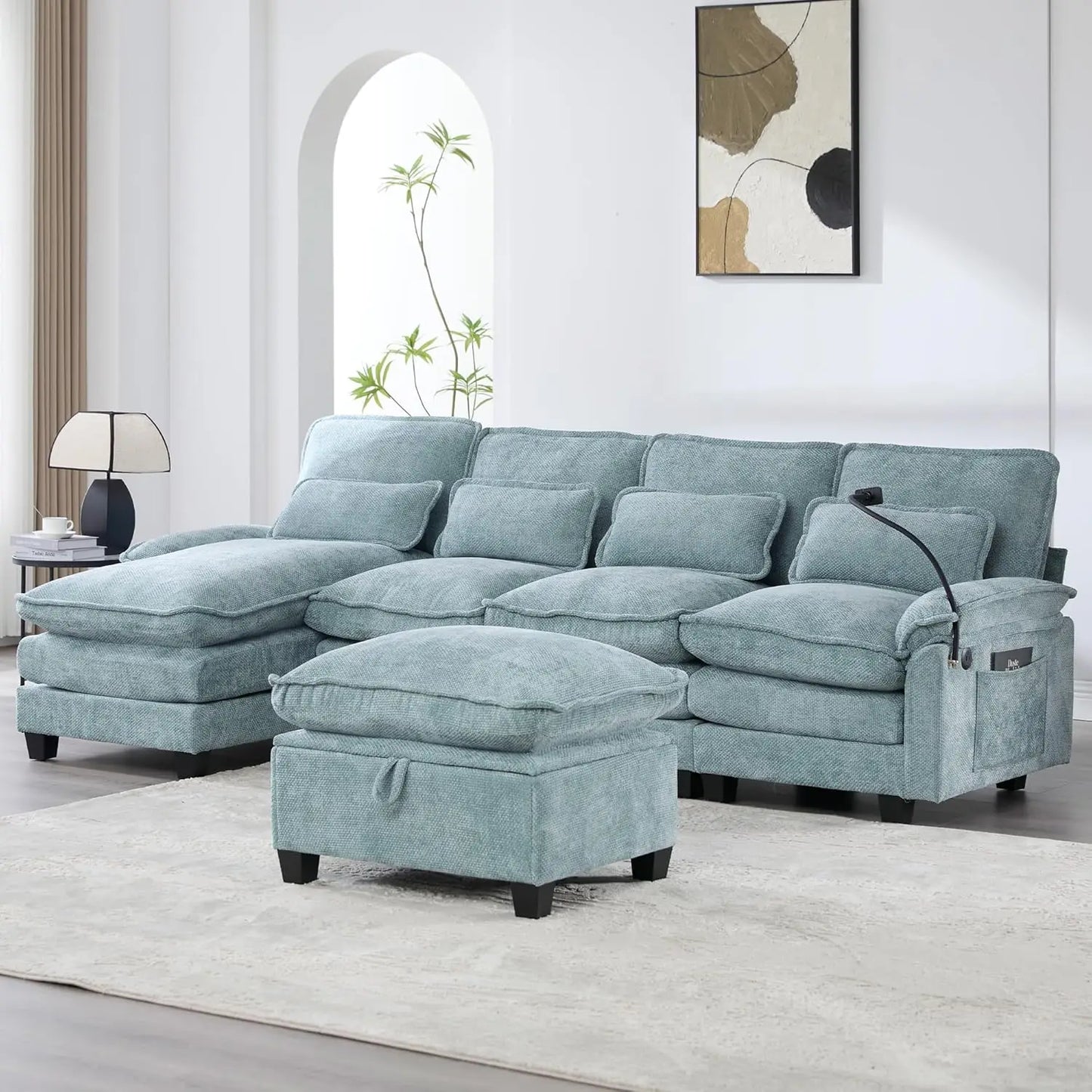 Modern U Shape Sectional Sofa Cloud Couch, 110" Upholstery Chenille Fabric Modular Couch, Comfy 4 Seat Sleeper Sofa With Double