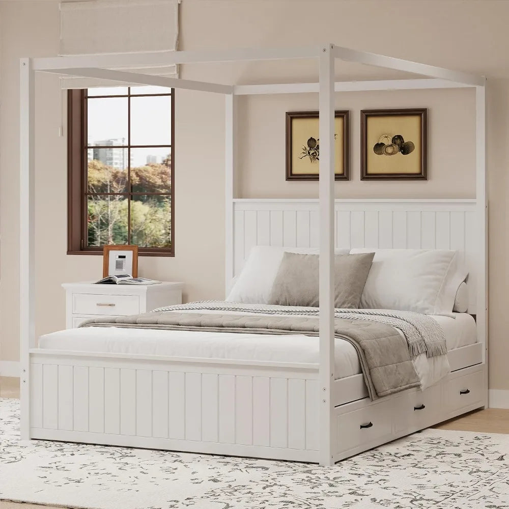 SOFTSEA Canopy Platform Bed with Trundle and Three Storage Drawers, Queen Size Solid Wood Bed with Headboard, 4-Post Platform Fr