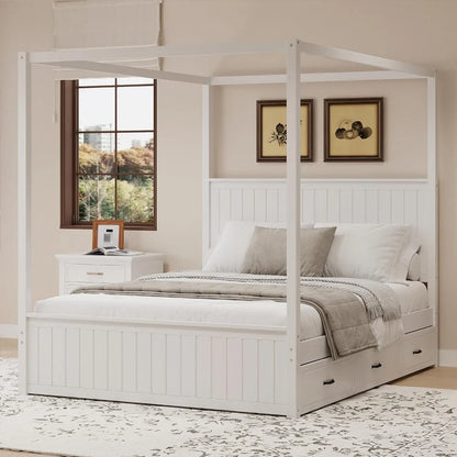 SOFTSEA Canopy Platform Bed with Trundle and Three Storage Drawers, Queen Size Solid Wood Bed with Headboard, 4-Post Platform Fr