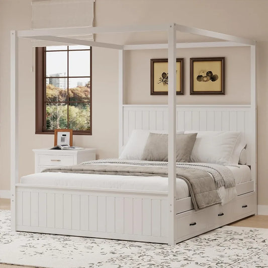SOFTSEA Canopy Platform Bed with Trundle and Three Storage Drawers, Queen Size Solid Wood Bed with Headboard, 4-Post Platform Fr