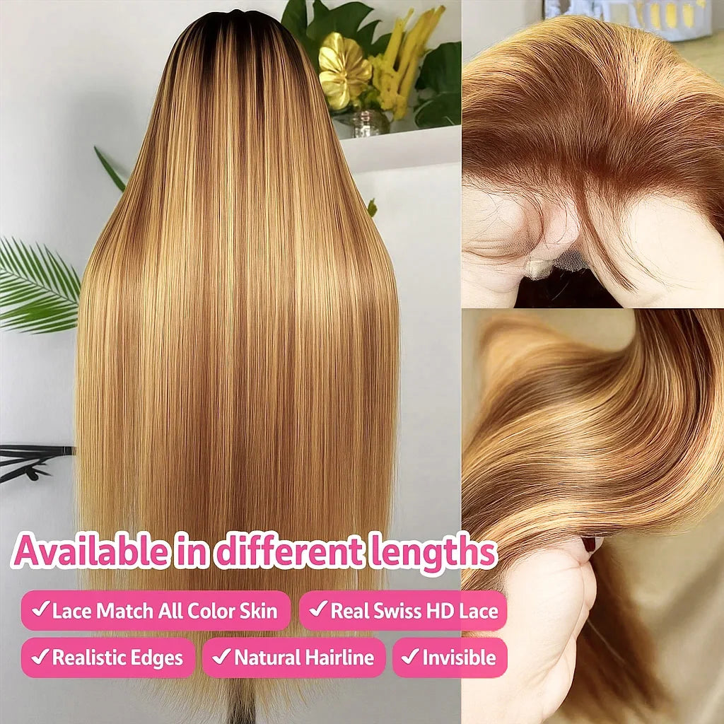 P4/27 Highlight Bone Straight 13x4 HD Lace Frontal Wigs Human Hair Brazilian Ombre Honey Blonde Colored Human Hair Wig For Women