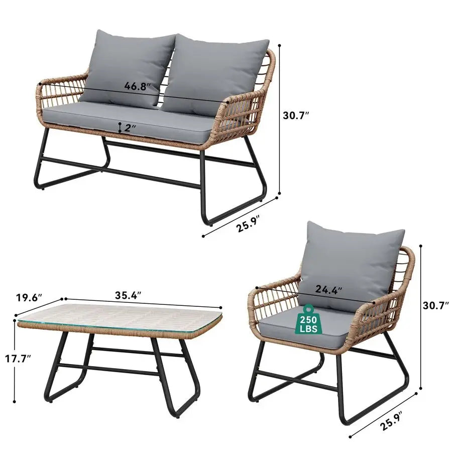 4Piece Patio Furniture Set, Wicker Outdoor Furniture Set with Cushions, Outdoor Table and Chairs for Balcony, Backyard, Deck, A