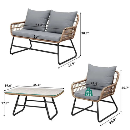 4Piece Patio Furniture Set, Wicker Outdoor Furniture Set with Cushions, Outdoor Table and Chairs for Balcony, Backyard, Deck, A