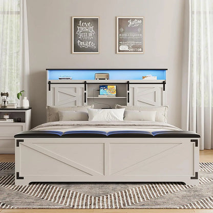 Farmhouse Queen Size Bed Frame with Headboard and Storage Ottoman, Sliding Barn Door & 4 Drawers, LED Lights and, Customized