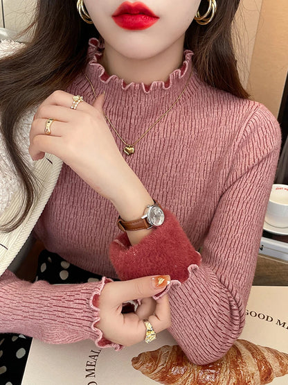 Autumn Elegant Casual Ruffles Knitted Sweater Fashion Women Mock Neck Pullover Solid Top Winter Warm Long Sleeve Knitwear Jumper