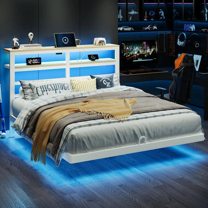 Floating Bed Frame Queen Size with Storage Headboard,Modern Metal Platform with Smart LED Lights and Charging, Customized