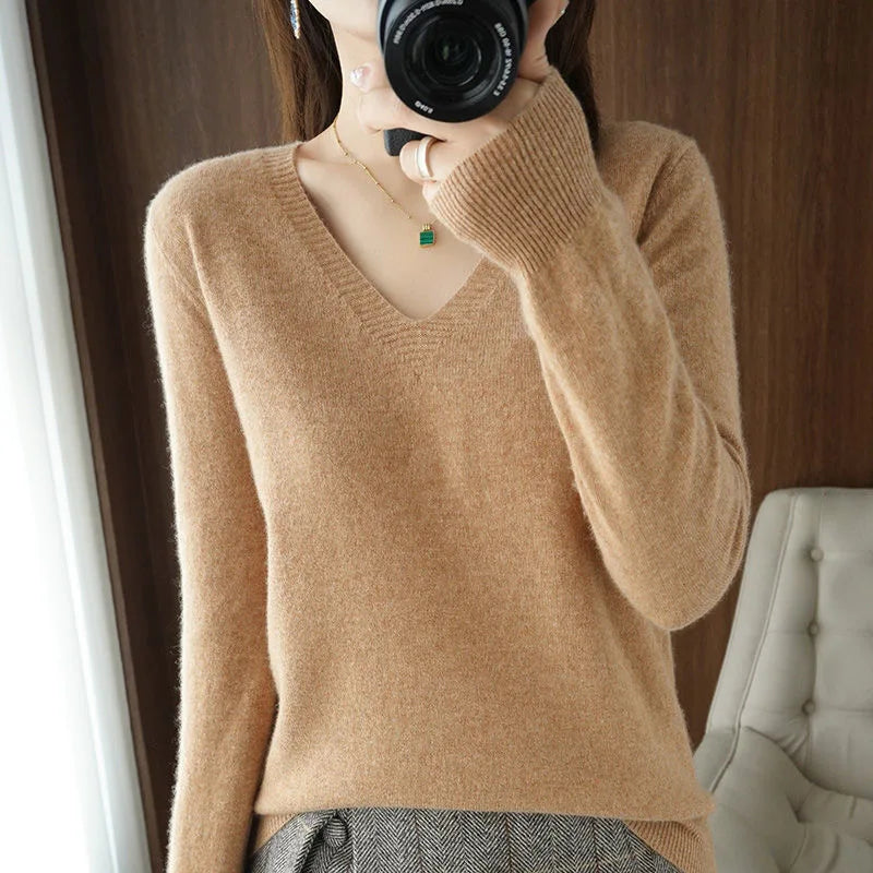 Women Solid Sweater Spring Autumn Woolen Pullovers V-neck Slim Fit Bottoming Shirt Solid Soft Knitwear Jumpers Basic Sweaters