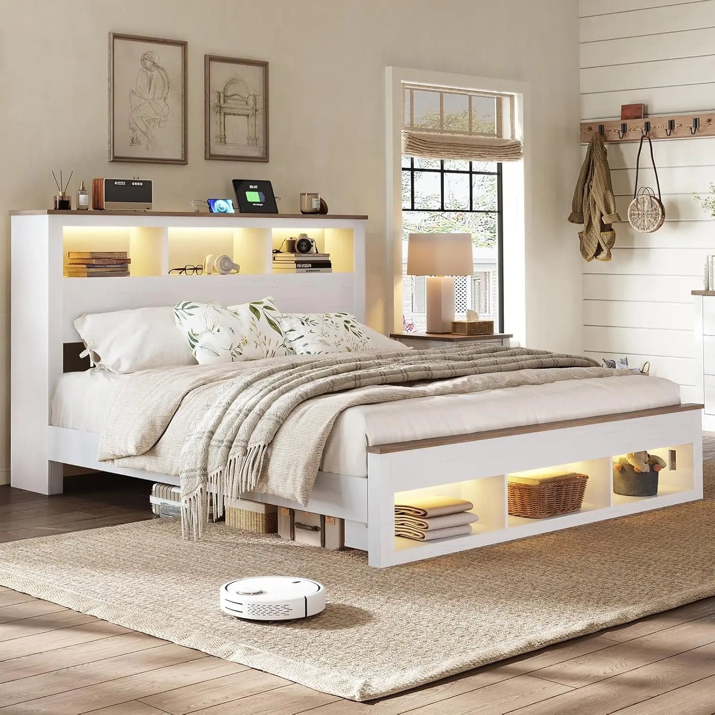Farmhouse King Size Bed Frame with Storage Bookcase Headboard and Footboard, Storage Wood Platform Bed Frame