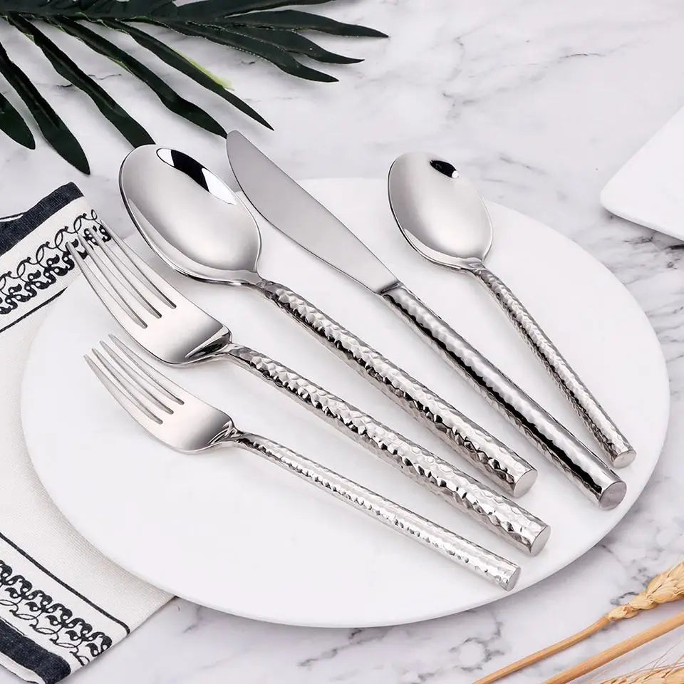 5/10/15/20Pcs Gold Heavy Cutlery Sliver Dinner Set Stainless Steel Tableware Mirror Western Hammer Pattern Handle Knife Fork