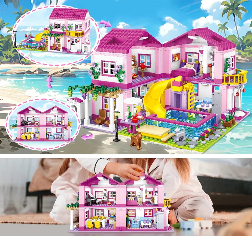 City street view villa summer vacation villa castle building block girl series swimming pool DIY assemble children christmas