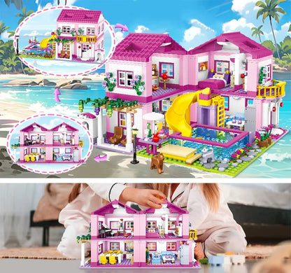 City street view villa summer vacation villa castle building block girl series swimming pool DIY assemble children christmas