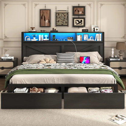 Farmhouse King Bed Frame with Bookcase Storage Headboard, Charging Station, LED Light and 2 Storage Drawers, Noise, Customized