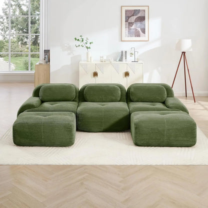 116" Modern Corduroy Cloud Sofa with Ottoman, U Shaped Boneless Modular Large Sectional Couches for Living Room, Green 3 Seater
