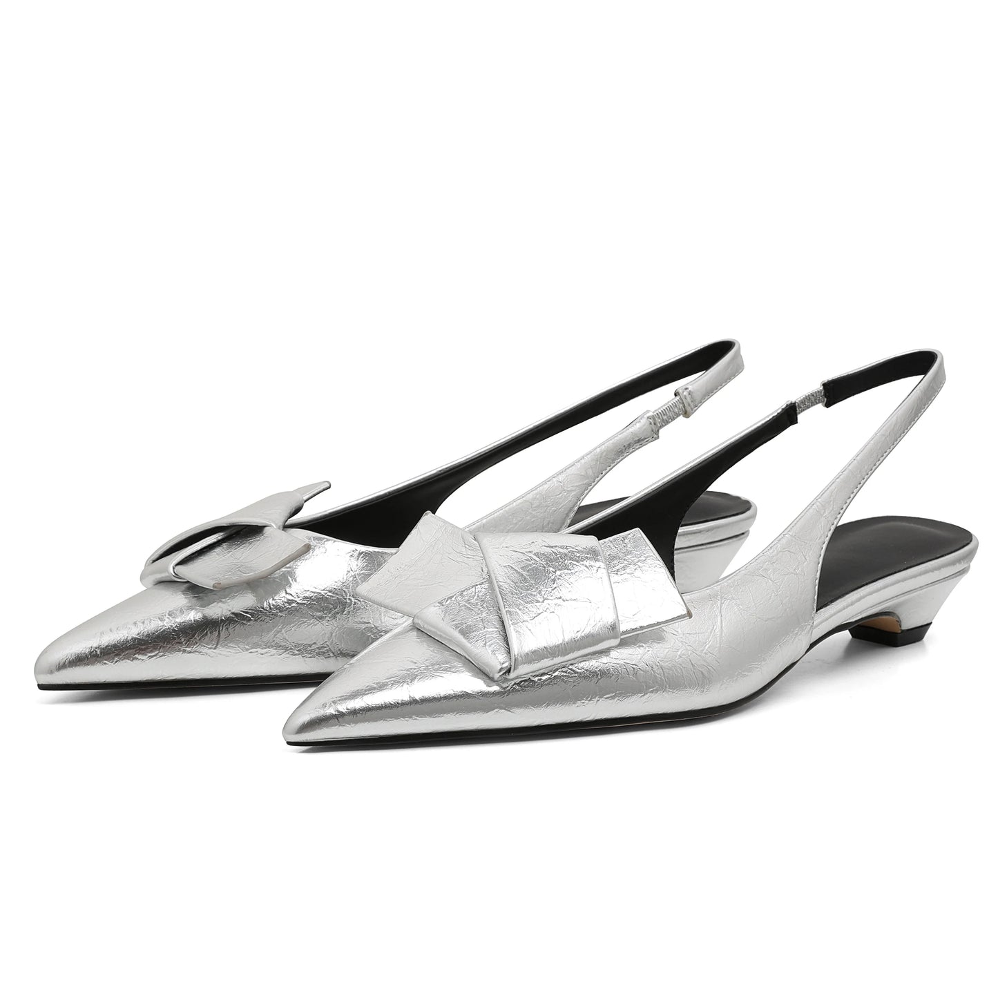 GIGIFOX Kitten Low Heels Bownkot Pointy Toe Leisure Sandals Pleated Slip-on Back Strap Flats Chic Office Ladies Shoes For Woman