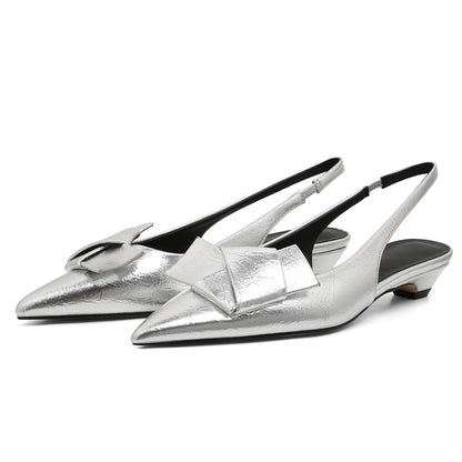 GIGIFOX Kitten Low Heels Bownkot Pointy Toe Leisure Sandals Pleated Slip-on Back Strap Flats Chic Office Ladies Shoes For Woman