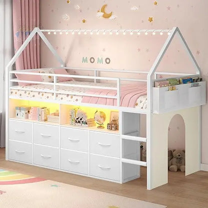Children's Twin Loft Bed with 8 Storage Drawers, LED Lights, House-Shaped Metal Frame, Bookcase, and Soft Foam Ladder for Enhanc