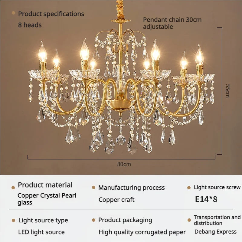Vintage French Living Room Dining Room Full Copper Crystal Chandelier Light Luxury Romantic Bedroom Children'S Princess Room