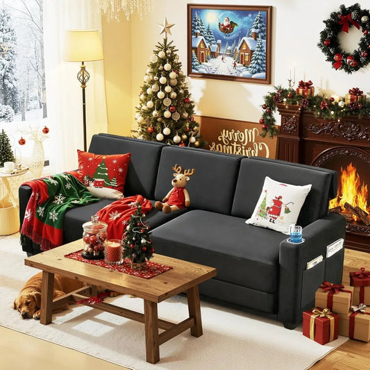 89" 3-Seat Convertible Sleeper Sofa Bed, Black Folding Couch with Cup Holders & Side Pockets, Queen Size Pull-Out Bed