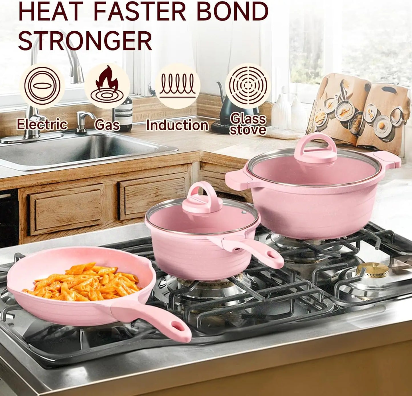 Pink Pots and Pans Set Nonstick 23pcs, Healthy Kitchen Cookware Sets, Induction Cooking Set Pink Frying Pans, Saucepans, Sauté &