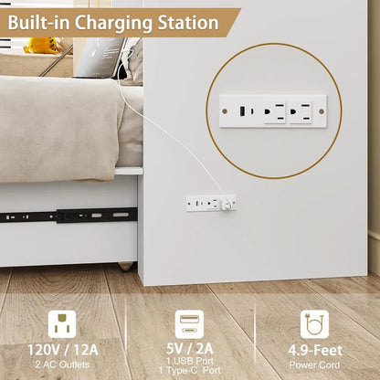 Queen Murphy Bed with Storage & Charging Station, Foldable Cabinet for Guest Room, Living Room, Office - Distressed White