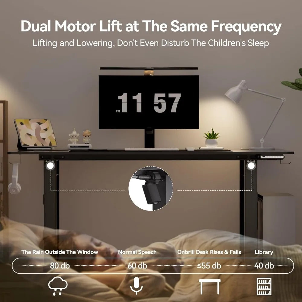 4 Legs Standing Desk with Dual Motor, 55 x 28 Inch Adjustable Height Desk with Power Outlets & LED Lights, Home Office Computer