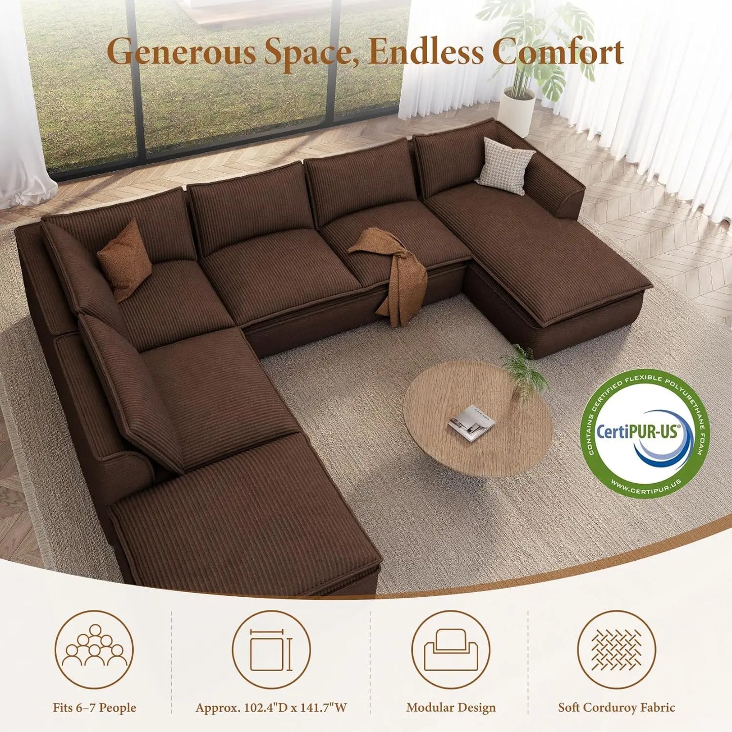 141.7" Oversized Boneless Sectional Couch, Modern 7 Seater Modular Sofa with Chaise & Ottoman, Deep Seat Corduroy, Customized