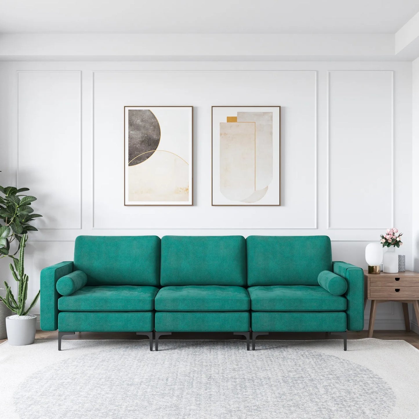 3-Seat Modular Sofa Couch w/ Side Storage Pocket Peacock & Socket USB Ports Teal