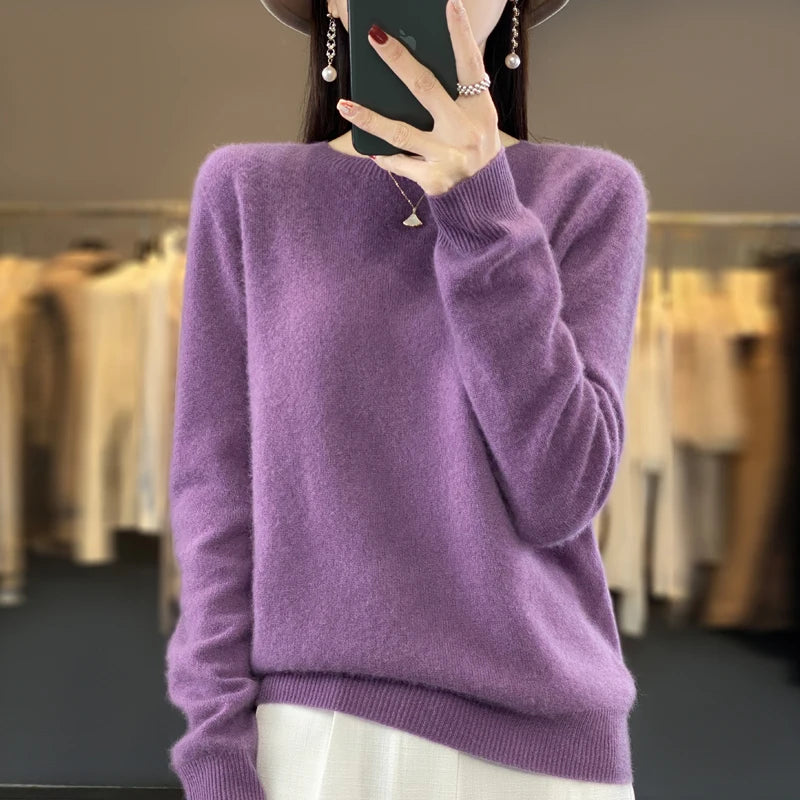 100% Merino Wool Sweater Women O-neck Cashmere Knitwear Female Pullover Autumn Winter Casual Tops Solid Color Soft  Clothing