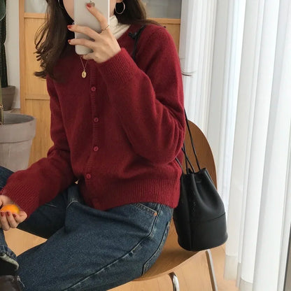 2025 Long Sleeve Vintage Y2k Tops Korean Knitted Cardigan Women's Autumn Winter Fashion O-Neck Versatile Slimming Basis Sweater