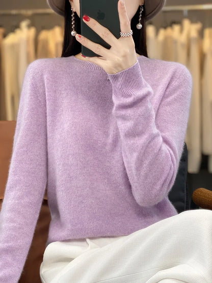 100% Merino Wool Sweater Women O-neck Cashmere Knitwear Female Pullover Autumn Winter Casual Tops Solid Color Soft  Clothing
