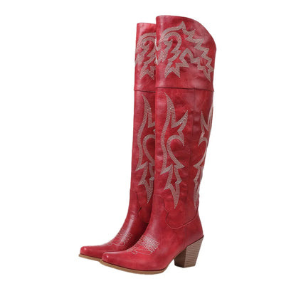 Women Over The Knee Western Boots Cowboy Chunky High Heel Square Toe Side Zipper Shoes Vintage Leisure Dressy Cowgirl Boots US