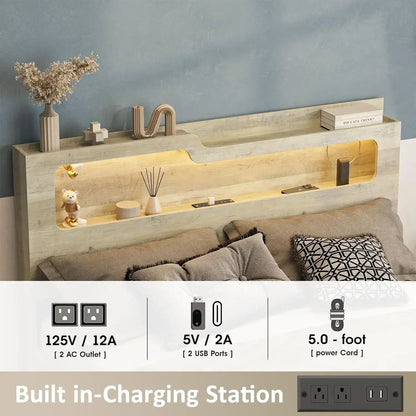 [Limited Time Offer + Free Shipping!]Queen Size Lift Up Storage Bed Frame with Lifting Storage & Charging Station, 2-Tier Headbo