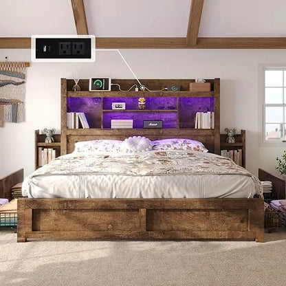 King Bed Frame with 49.6 Bookcase Headboard & 2 Bedside Stoage Racks & 4 Drawers, Farmhouse Wood Bed Frame with RGB LED & Chargi