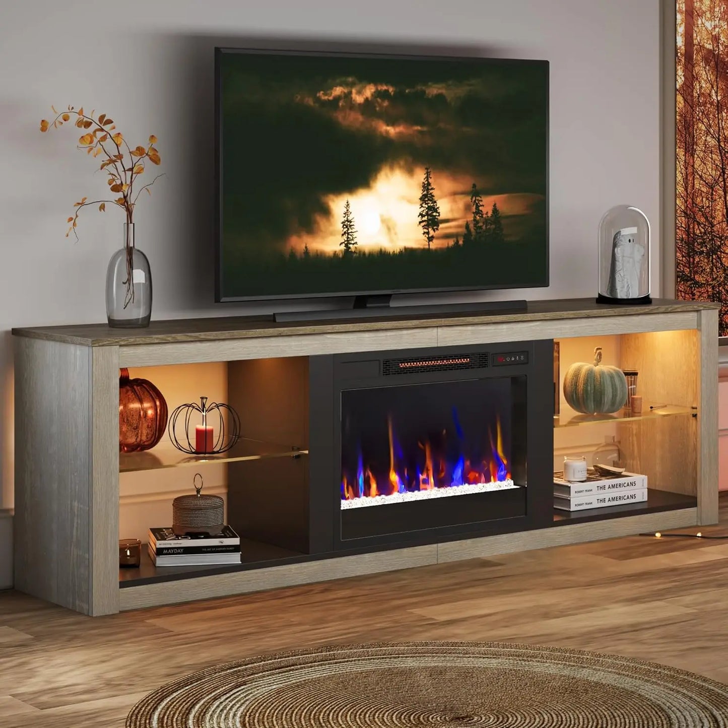 Fireplace TV Stand for 75 inch TV with 23 inch Electric Fireplace, 70 inch Entertainment Center for Living Room with LED Light