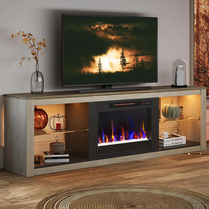 Fireplace TV Stand for 75 inch TV with 23 inch Electric Fireplace, 70 inch Entertainment Center for Living Room with LED Light