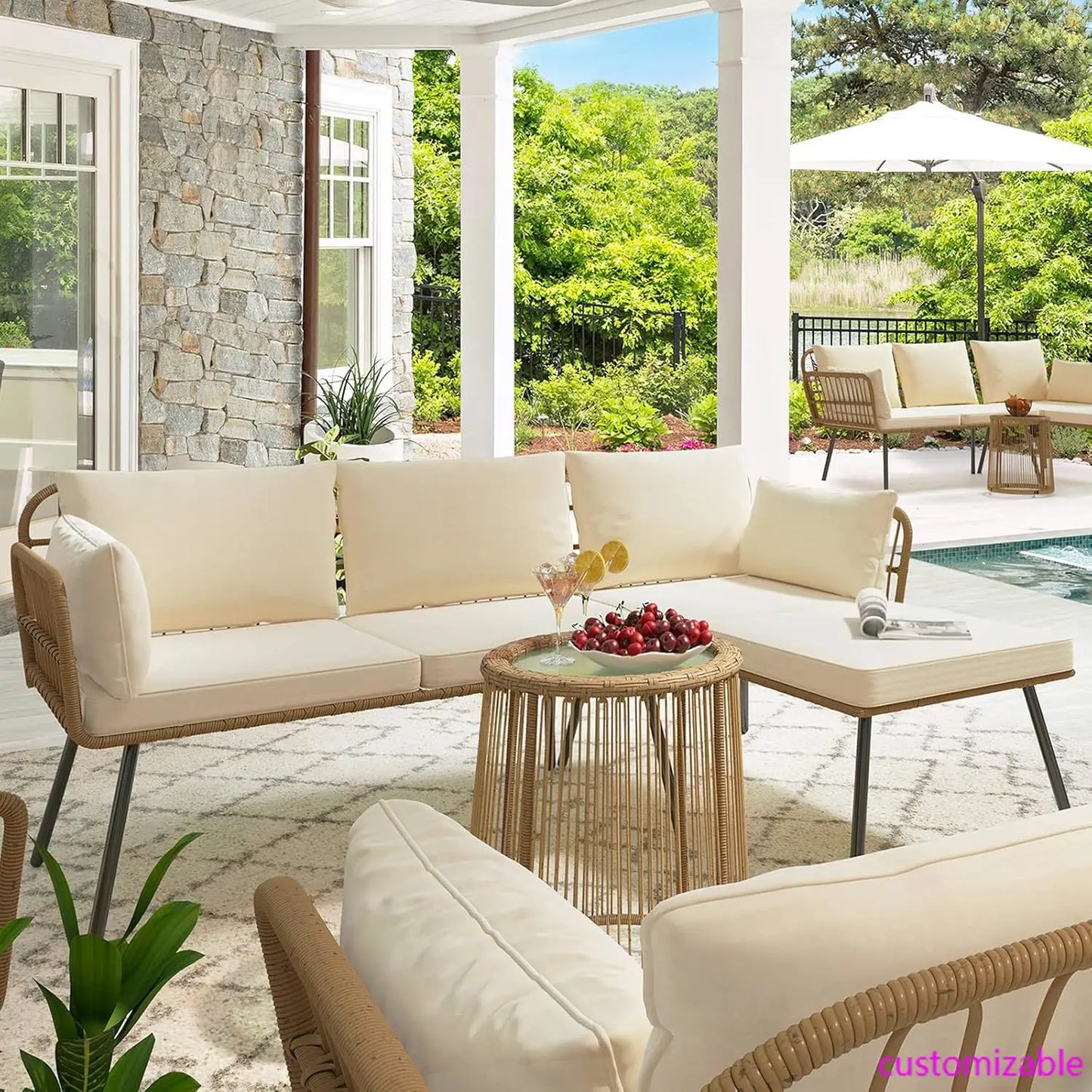 3 Pieces Patio Furniture Set, Outdoor Wicker Conversation Sectional L-Shaped Sofa with 4 Seater